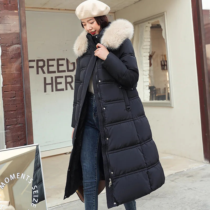 Winter 2025 New Women's Clothing Thickened Long Style Over the Knee Big Fur Collar Hooded Cotton Jacket Down Cotton Jacket Cot