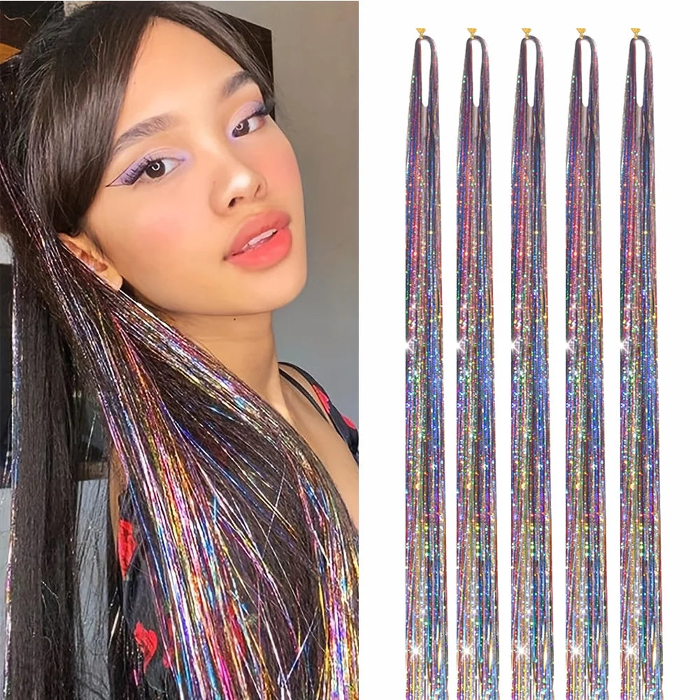 Hair Tinsel (46 Inch, 5pcs) Tinsel Hair Extensions for Girls and women Fairy Tinsel Hair Extensions Holographic  Synthetic Hair