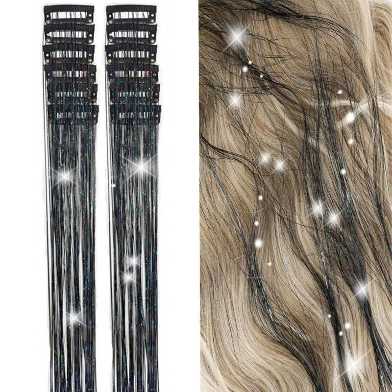 12 Pcs Clip-in Hair Tinsel Pack Colorful Glitter Fairy Hair Extensions Dazzle Party Accessory for Women Girls Kids