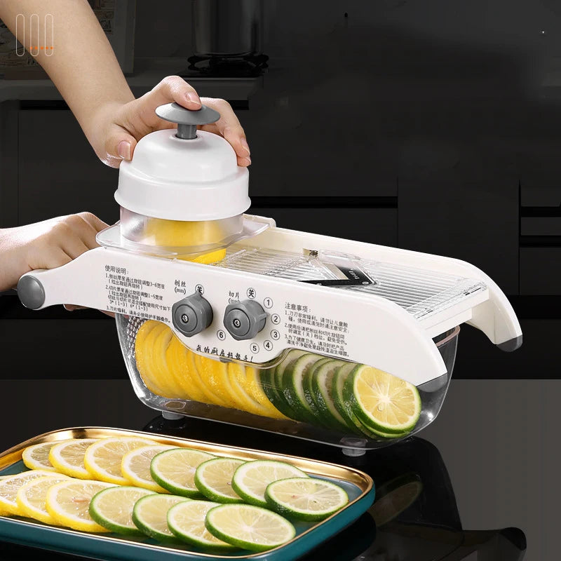 Lemon Slicer Adjustable Vegetable Food Cutter Slicing Machine Julienned with Basket Multifunctional Manual Potato Fruit Kitchen