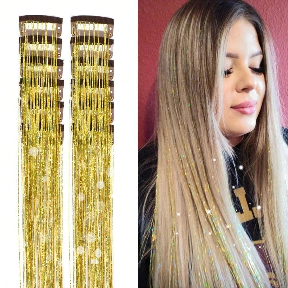 12 Pcs Clip-in Hair Tinsel Pack Colorful Glitter Fairy Hair Extensions Dazzle Party Accessory for Women Girls Kids