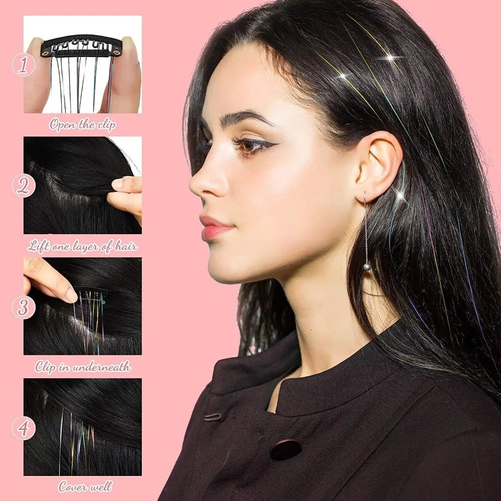 Fashion Highlights Clip Clip in Hair Extensions Colored Shiny Hair Tinsel Fairy Hair Synthetic Hair Highlights Girls
