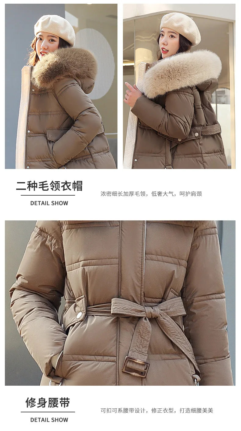 Winter 2025 New Women's Clothing Thickened Long Style Over the Knee Big Fur Collar Hooded Cotton Jacket Down Cotton Jacket Cot