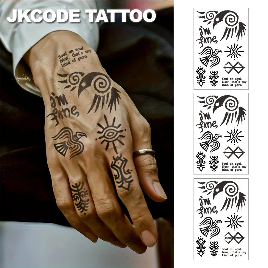 Waterproof Viking Ravens Tattoo, Hands, Cryptic Symbol Temporary Tattoos, Magic Tattoos, Lasts 1-2 Weeks, Tattoos for Man