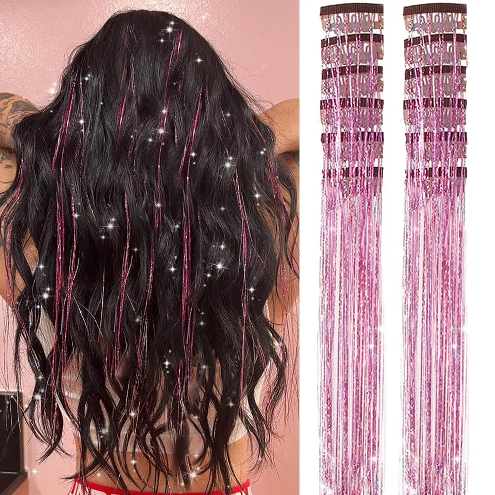 12 Pcs Clip-in Hair Tinsel Pack Colorful Glitter Fairy Hair Extensions Dazzle Party Accessory for Women Girls Kids