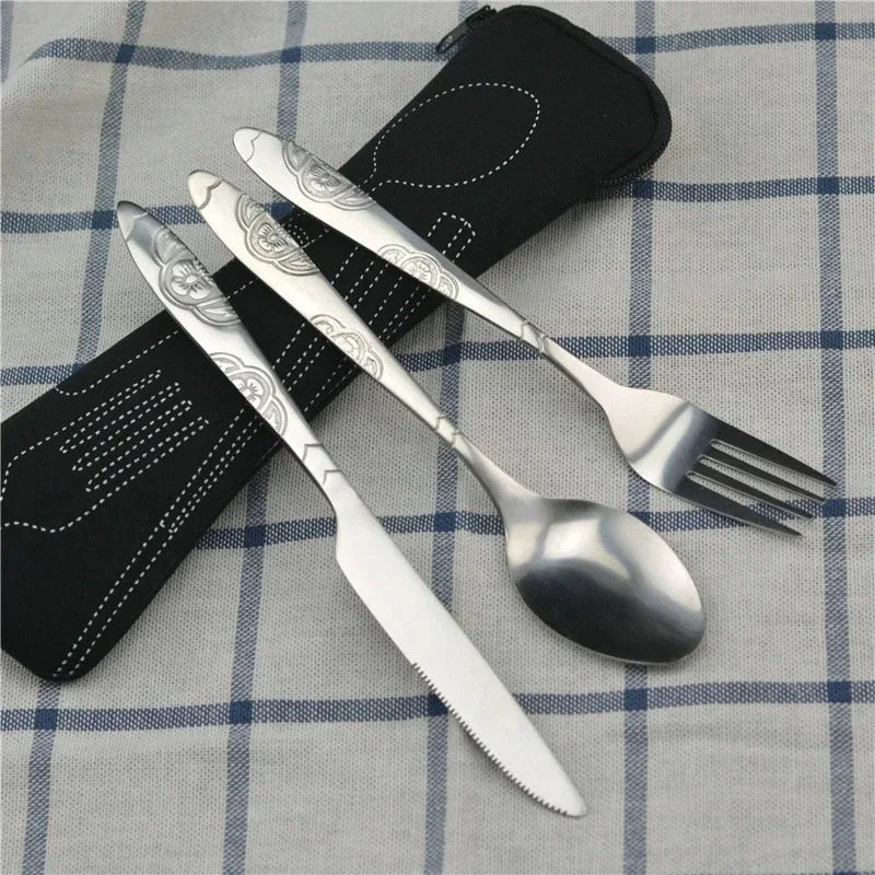 Stainless Steel Tableware Set Portable Cutlery Kit with Carry Case for Travel Camping Picnic Outdoor Meals Reusable Utensils