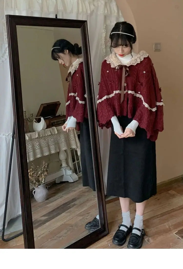 Women Clothing 2026 Autumn Winter Vintage Lovely Lace Doll Neck Wine Red Sweater Languid Breeze Soft Waxy Sweet Sweater Women