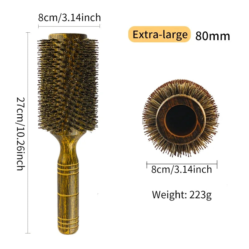Professional Boar Bristle Round Hair Brush For Women Men Hair Styling Comb Hairdressing Wood Round Brush Barber Accessories