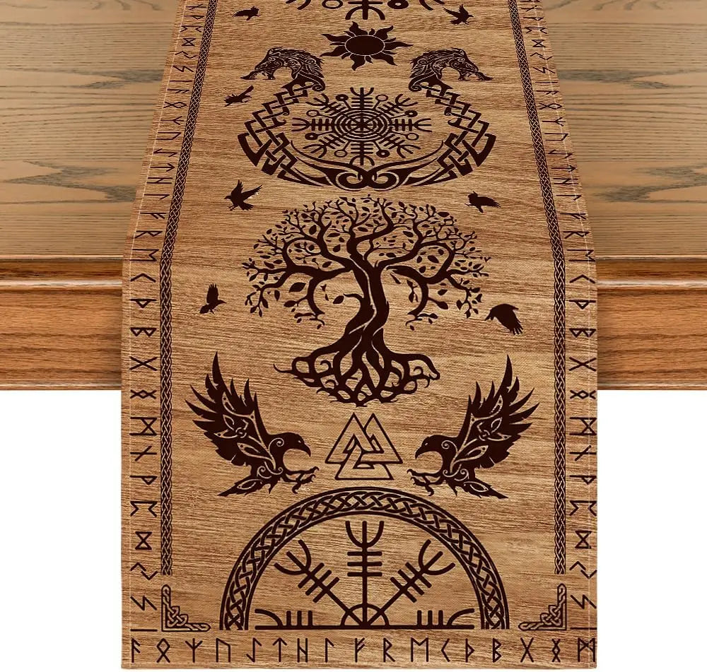 Vintage Nordic Viking printed table flag, artistic Yggdrasil&Run design, faux linen fabric, home, party pagan ritual scenes