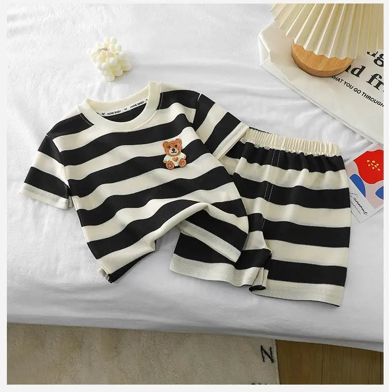 Children's Clothes Short-sleeved Suit Striped Top+shorts 2-piece T-shirt Summer Baby Clothes Children Clothing Boys Girls