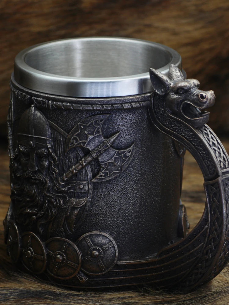 600ml Viking Wood Style Beer Mug Medieval Dragon Resin Stainless Steel Beer Mug  Retro Tankard Skull Coffee Cup Tea Mug Beer Cup