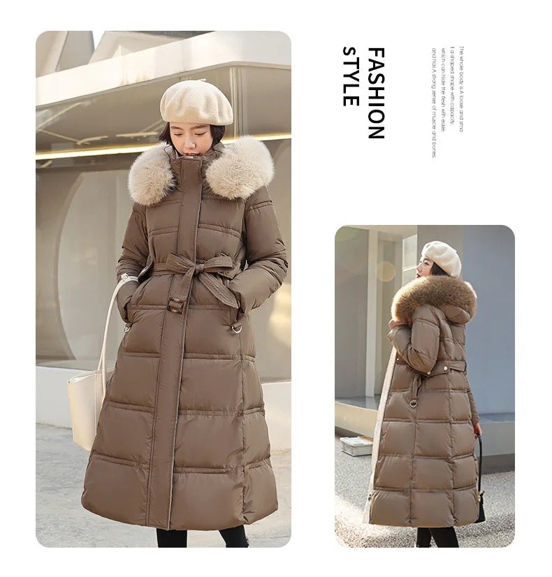 Winter 2025 New Women's Clothing Thickened Long Style Over the Knee Big Fur Collar Hooded Cotton Jacket Down Cotton Jacket Cot