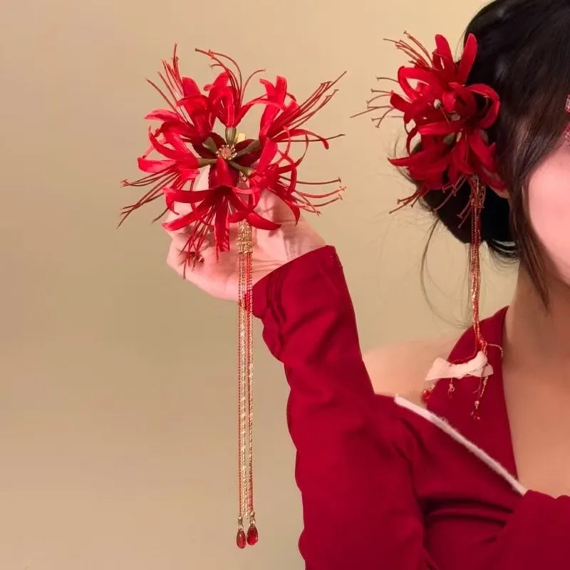 Retro Red Spider Lily Tassel Hair Clip Fabric Flower Hairpin Bride Hairwear Countryside Style Hair Accessories
