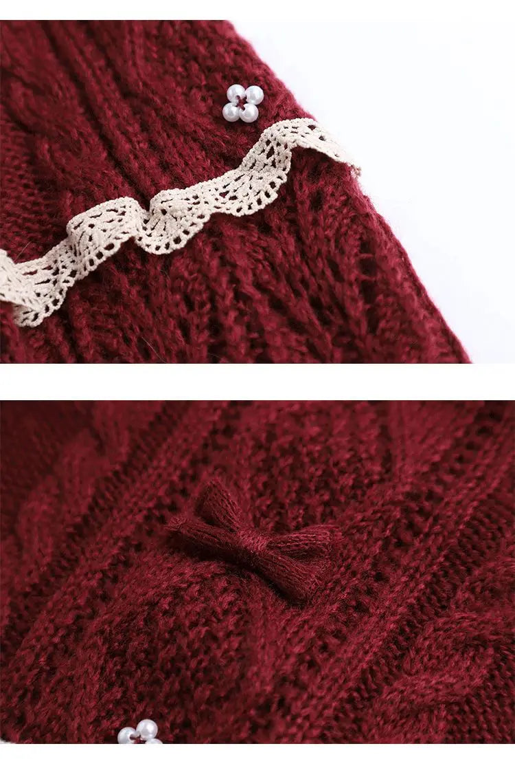 Women Clothing 2026 Autumn Winter Vintage Lovely Lace Doll Neck Wine Red Sweater Languid Breeze Soft Waxy Sweet Sweater Women