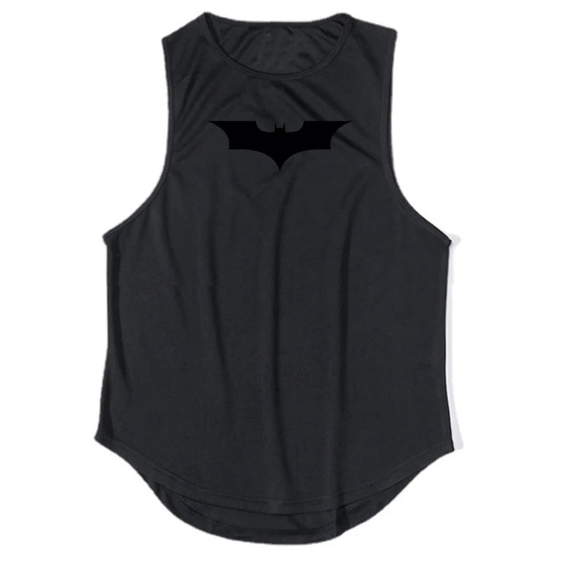 Mens Gym Clothing Mesh Fitness Singlets Black Bat Print Quick Dry Bodybuilding Tank Top Men Muscle Sleeveless Shirt Sports Vest