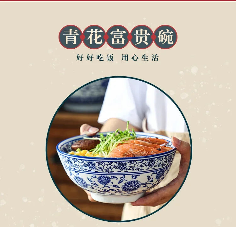 Ceramic Bowl Korean Blue and White Porcelain Tableware Large Noodle Bowl Japanese Retro Soup Bowl Home Kitchen Supplies