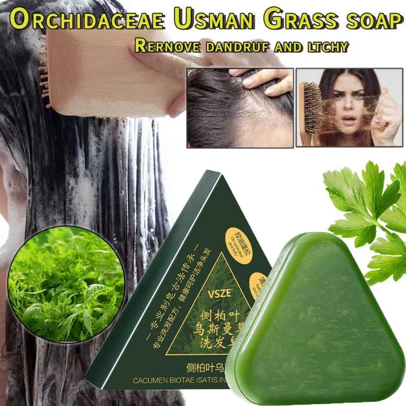 Usman Grass & Platycladus Shampoo Bar Hair Growth Natural Hair Loss Treat Strengthens Roots Control Oil Cleanses Scalp Soap 120g