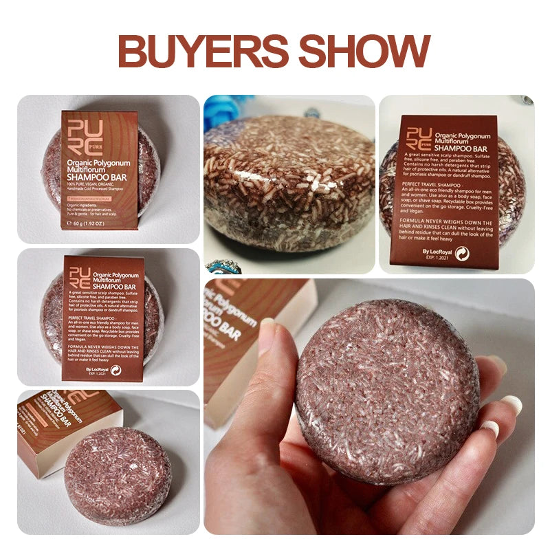 PURC Polygonum Multiflorum Shampoo Bar Cold Processed Soap Prevent Gray Hair Smoothing Women Men Travel Solid Shampoo 60g