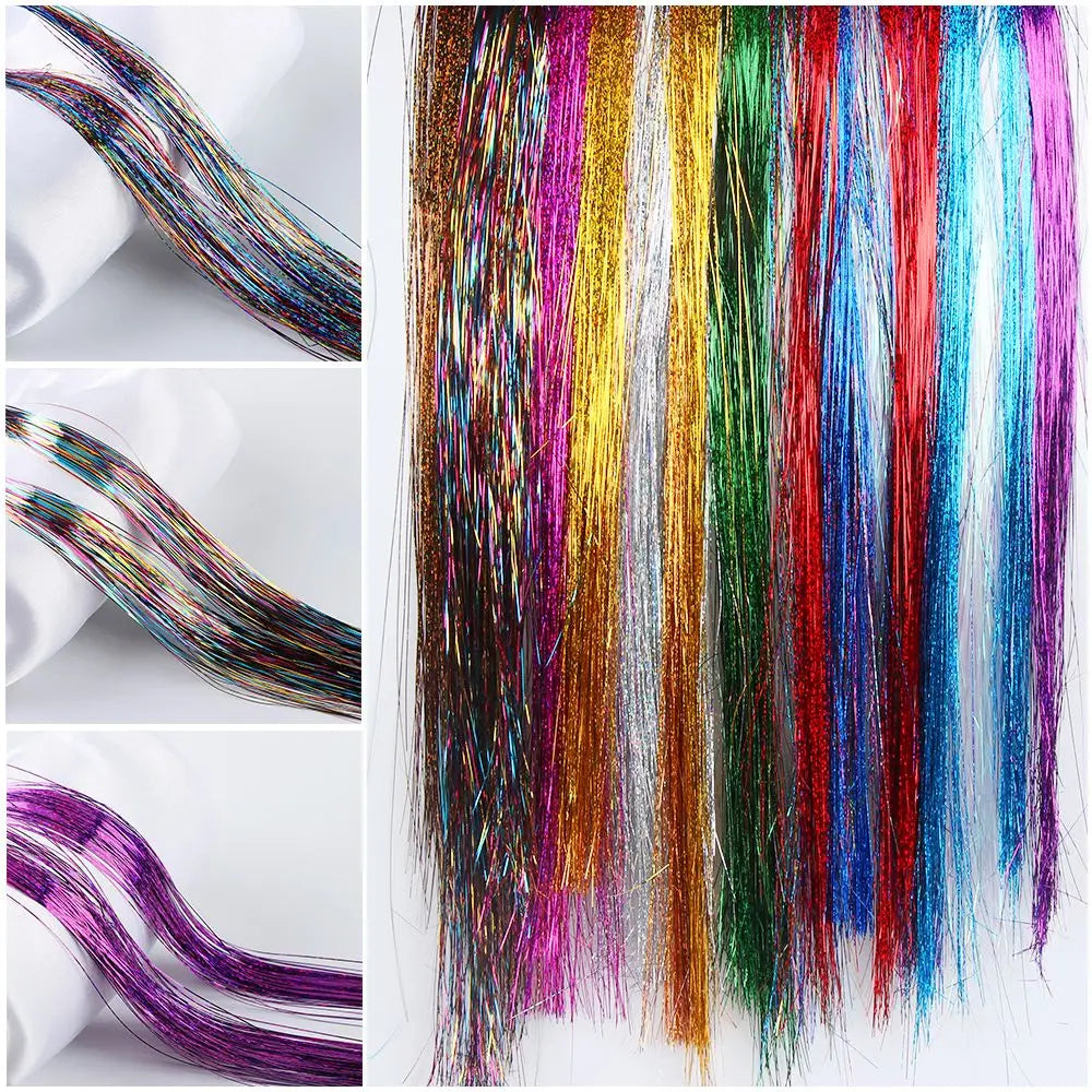 100 Strands Hot Sale Synthetic Hair Sparkly Hair Tinsel Hair Extension Bling Silk Glitter Rainbow  Color
