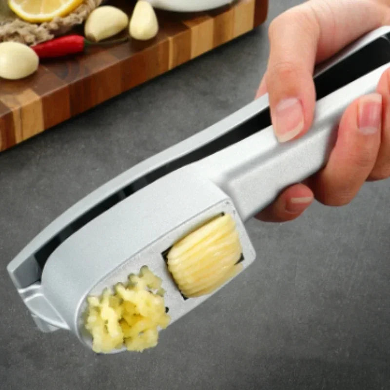Garlic Press & Slicer 2 in 1 - Aluminium Garlic & Ginger Mincer and Slicer - with Slicing and Grinding - Kitchen Cooking Tools