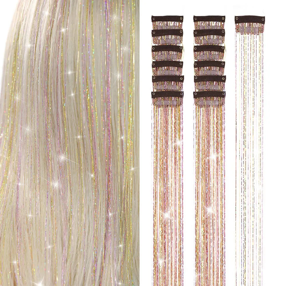 12Pcs Hair Tinsel Clip In 19.7" Glitter Tinsel Hair Extensions Synthetic Clip In Sparkle Hair Accessories For Kids Girls Women