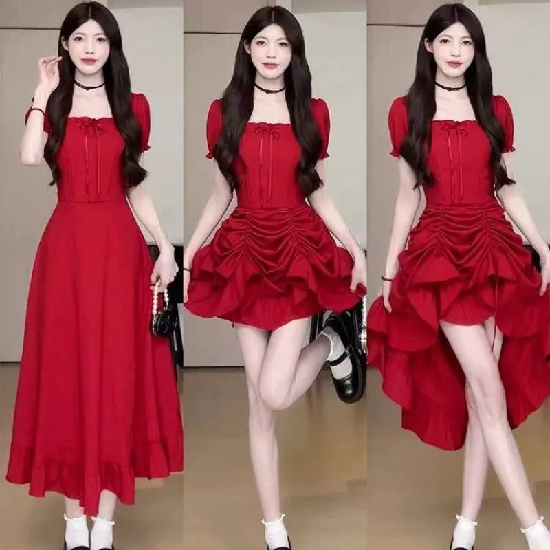 Women's Fashion 1 Dress Four Wear Method Lady Graceful Retro Square Collar Short Sleeve Black Dresses 2025 New Dinner Party Gown