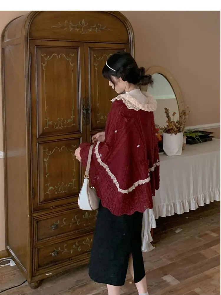 Women Clothing 2026 Autumn Winter Vintage Lovely Lace Doll Neck Wine Red Sweater Languid Breeze Soft Waxy Sweet Sweater Women