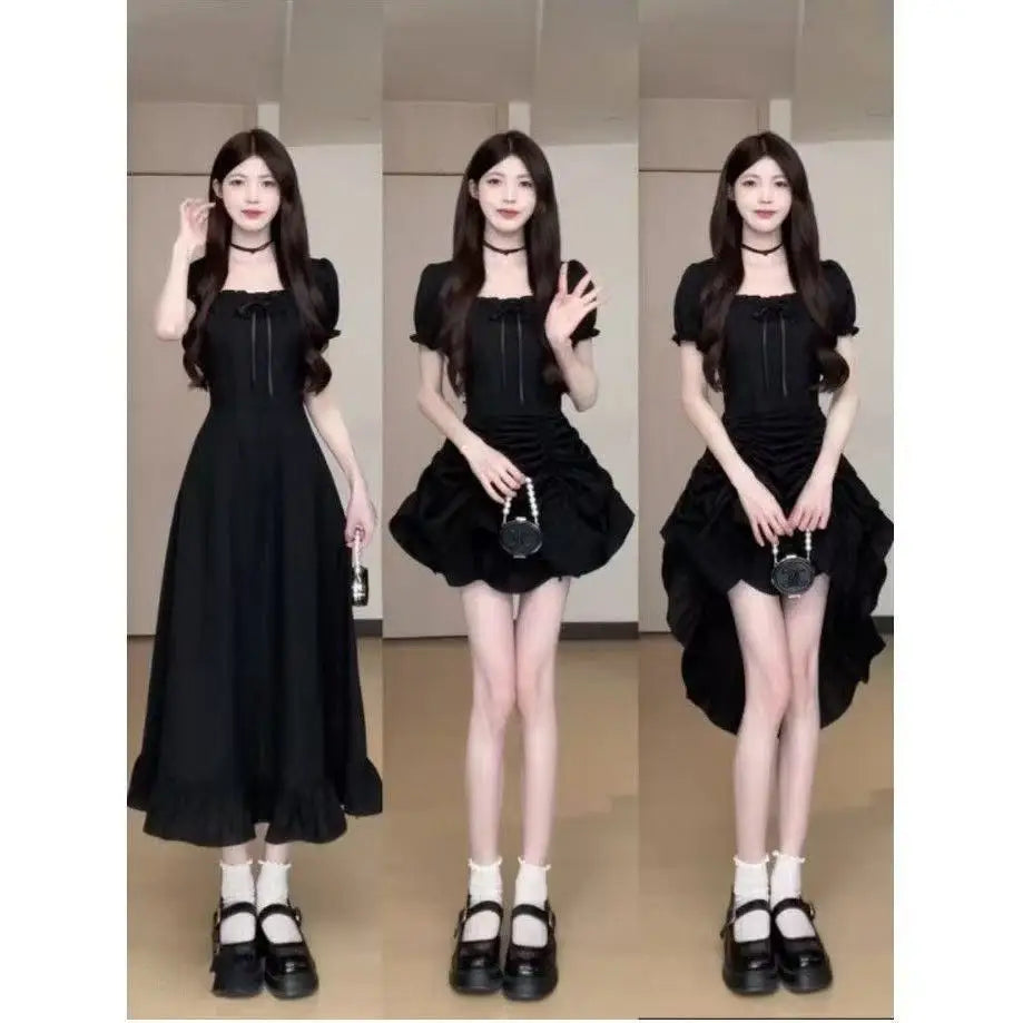 Women's Fashion 1 Dress Four Wear Method Lady Graceful Retro Square Collar Short Sleeve Black Dresses 2025 New Dinner Party Gown