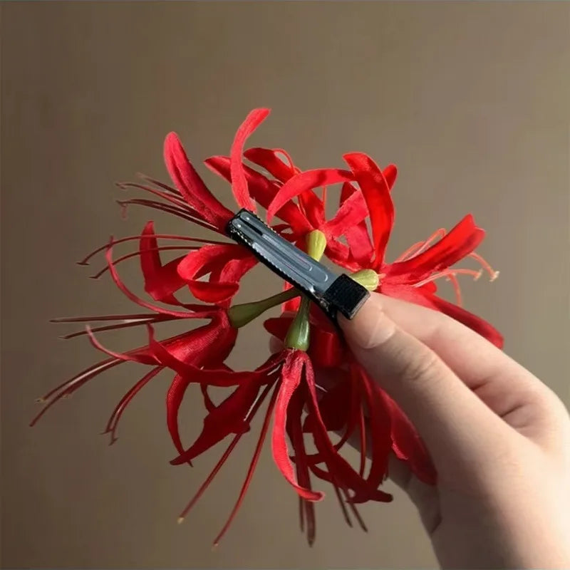 Retro Red Spider Lily Tassel Hair Clip Fabric Flower Hairpin Bride Hairwear Countryside Style Hair Accessories