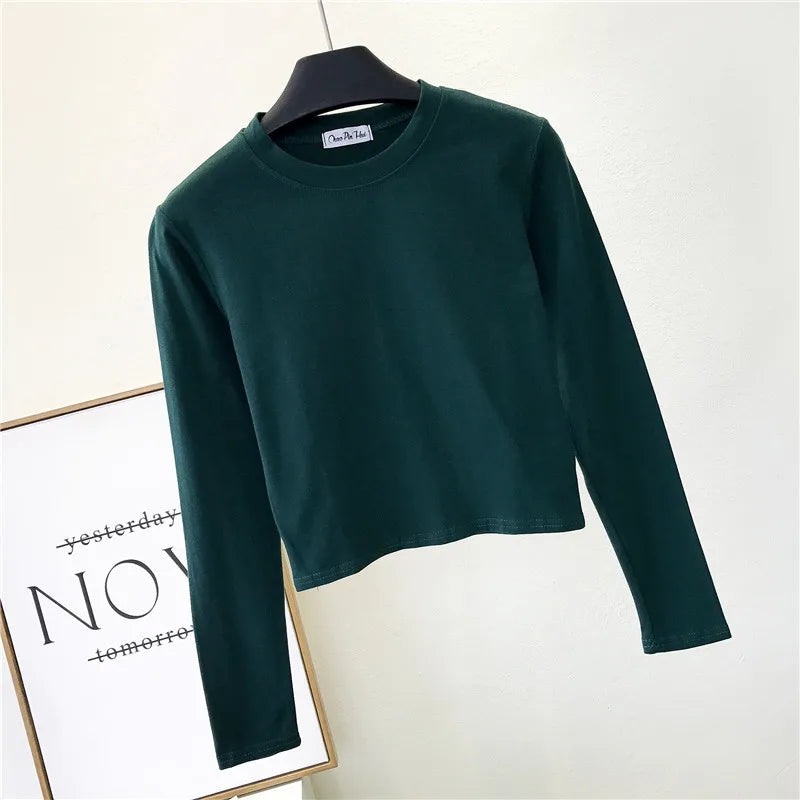 Sexy   Women's Clothing O-Neck Long Sleeve Navel Autumn Base Women's Clothing Fashion Casual Ropa Mujer