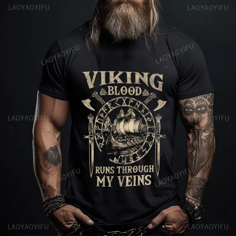 Viking Blood High Quality 100% Cotton T Shirt Men Short Sleeve Viking Legend T-Shirt Retro Classic Tee Shirt Valhalla Odin Tops