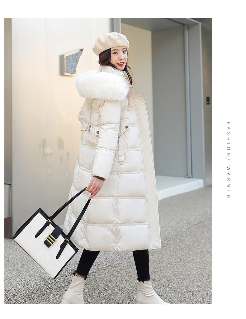 Winter 2025 New Women's Clothing Thickened Long Style Over the Knee Big Fur Collar Hooded Cotton Jacket Down Cotton Jacket Cot