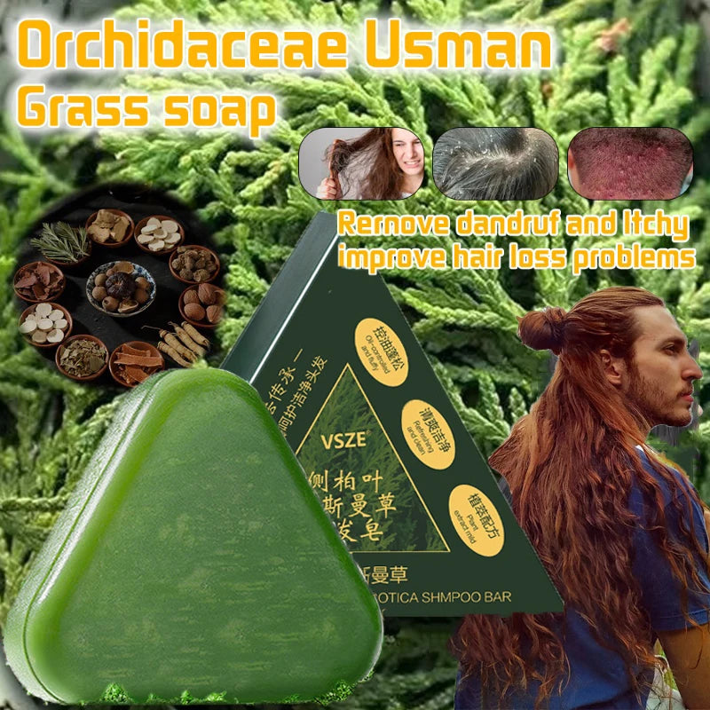 Usman Grass & Platycladus Shampoo Bar Hair Growth Natural Hair Loss Treat Strengthens Roots Control Oil Cleanses Scalp Soap 120g