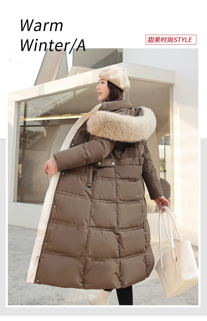 Winter 2025 New Women's Clothing Thickened Long Style Over the Knee Big Fur Collar Hooded Cotton Jacket Down Cotton Jacket Cot
