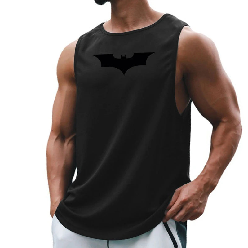Mens Gym Clothing Mesh Fitness Singlets Black Bat Print Quick Dry Bodybuilding Tank Top Men Muscle Sleeveless Shirt Sports Vest