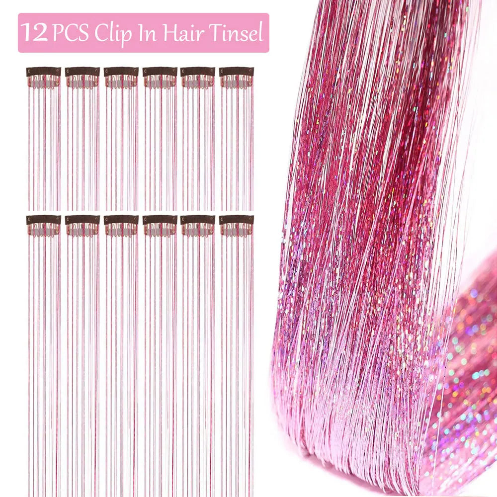 12Pcs Hair Tinsel Clip In 19.7" Glitter Tinsel Hair Extensions Synthetic Clip In Sparkle Hair Accessories For Kids Girls Women