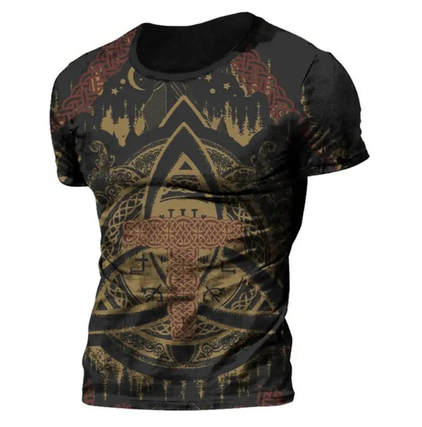 Summer 2022 Viking Mystic Ancient Symbol Charm with Men's Printed T-shirt O Neck Short Sleeve Oversized Loose Street Casual Top