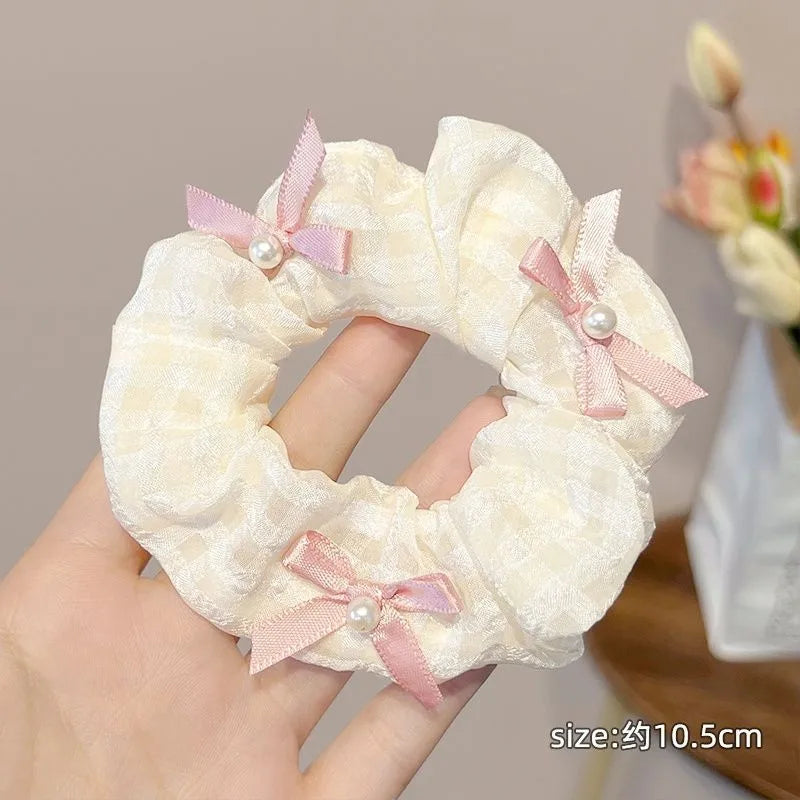 Sweet Satin Checkerboard Bow Hair Tie Women Ponytail Cute Hair Ring Fashion Hair Accessories