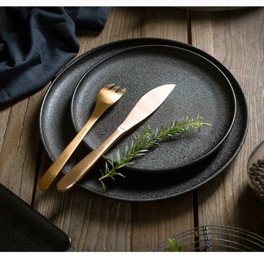 Ceramics Plate Set Home Black Plates Dishes Japanese Style Dinnerware Set Kitchen Decoration Steak Western Food Breakfast Plates