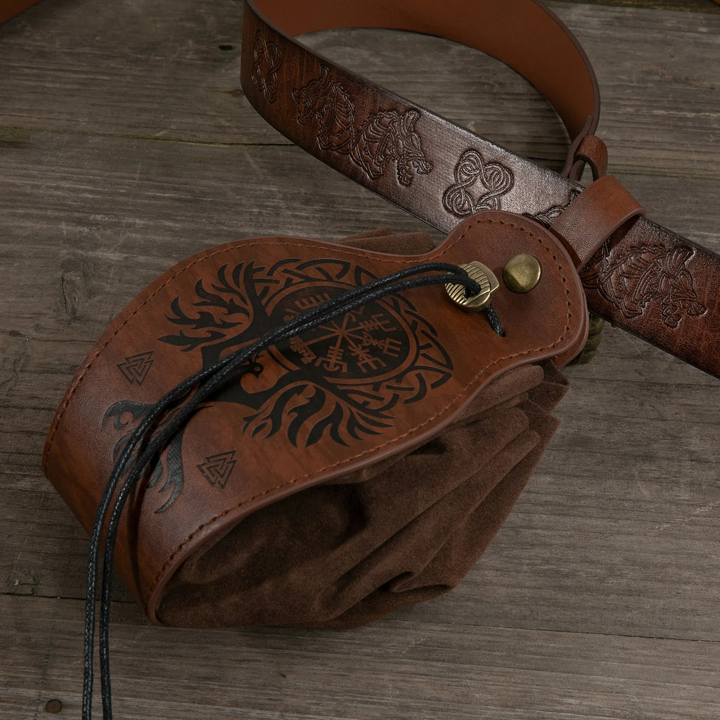 Vikings Rune Pouch String Coins Drawstring Bag Costume Vintage Halloween Accessory Leather Suede Medieval Loop Belt Kit Adult