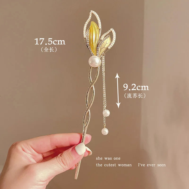 Elegant Flower Tassel Hairpin For Women Exquisite Neo-chinese Style Metal Hair Stick Girls Fashion Jewelry Hair Accessories