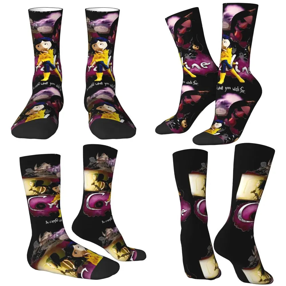 Coraline Horror Movie Stockings Design Funny Socks Autumn Non Skid Socks Couple Running Medium Soft Socks