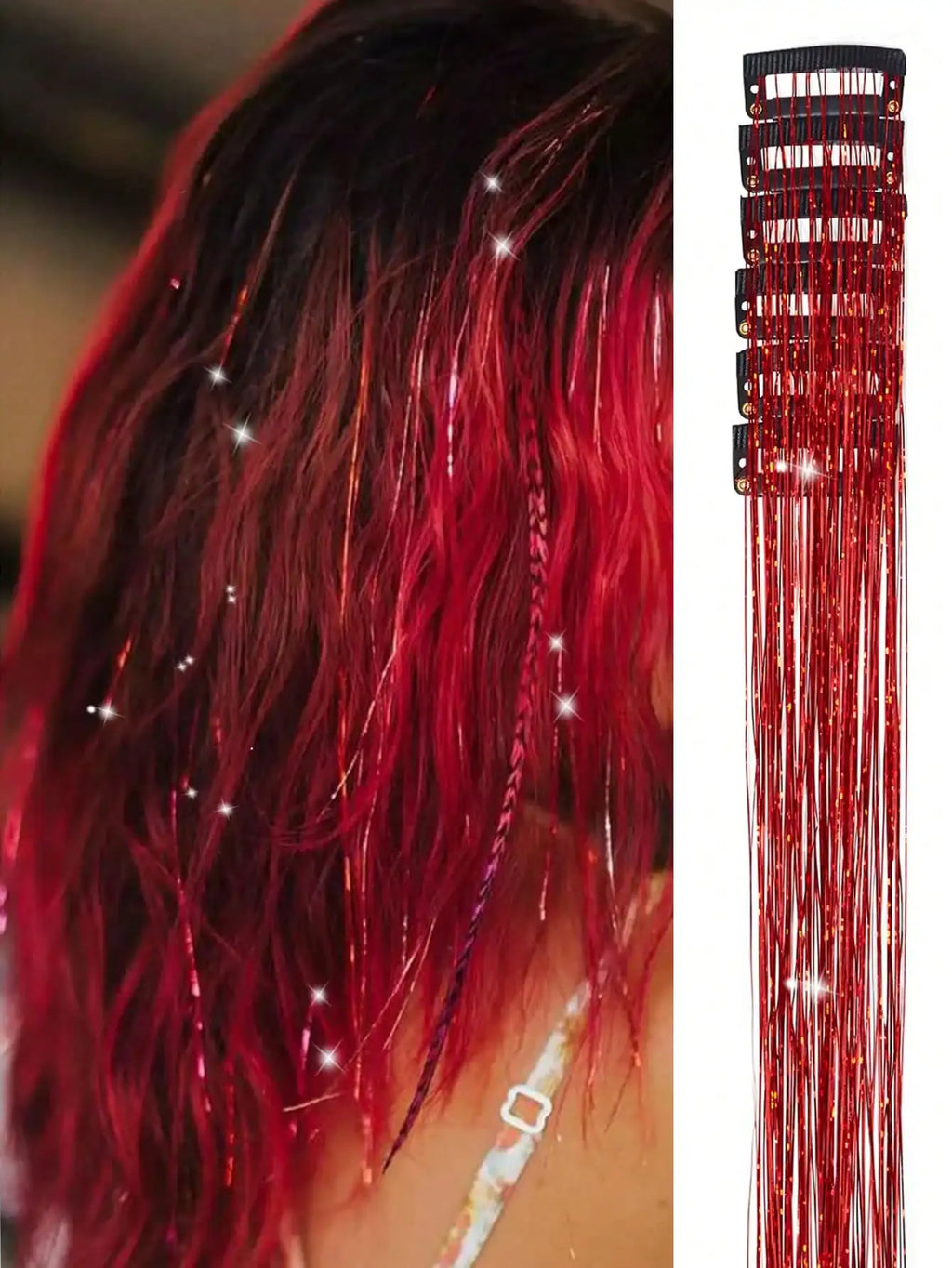 6 Pcs Royal Clip-In Hair Tinsel Synthetic Heat Resistant Glitter Fairy Hair Extensions Kit Clip for Women Girls Party Daily Use