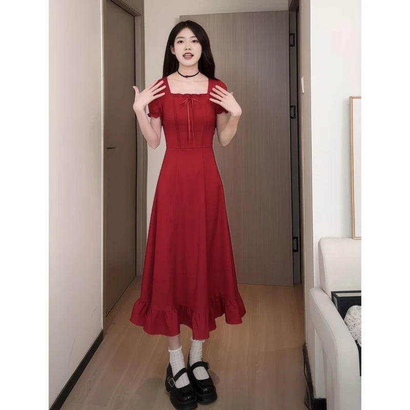 Women's Fashion 1 Dress Four Wear Method Lady Graceful Retro Square Collar Short Sleeve Black Dresses 2025 New Dinner Party Gown