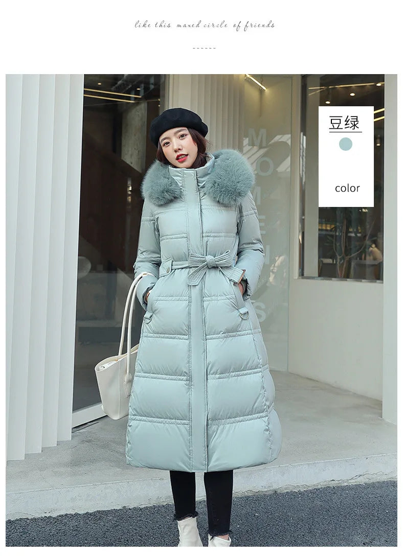 Winter 2025 New Women's Clothing Thickened Long Style Over the Knee Big Fur Collar Hooded Cotton Jacket Down Cotton Jacket Cot