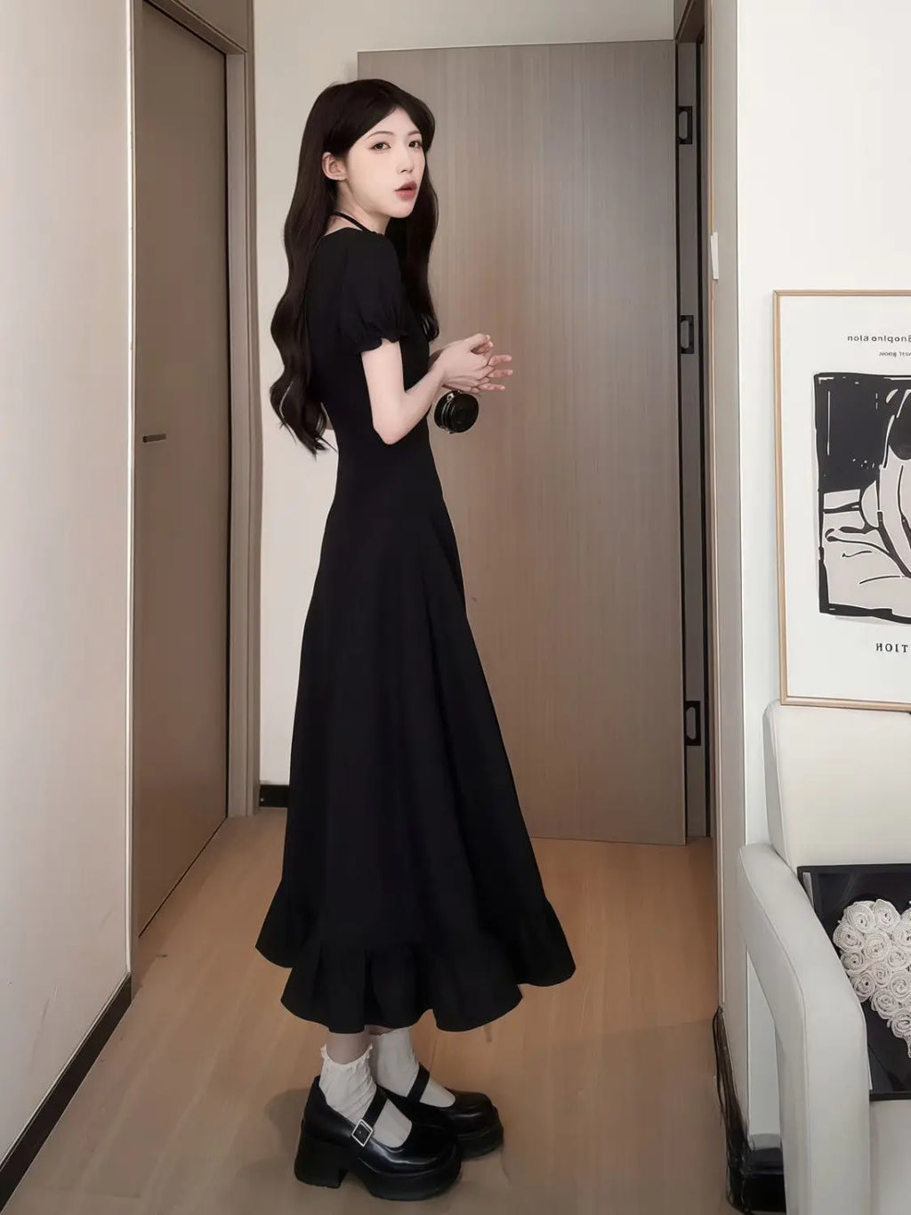 Women's Fashion 1 Dress Four Wear Method Lady Graceful Retro Square Collar Short Sleeve Black Dresses 2025 New Dinner Party Gown