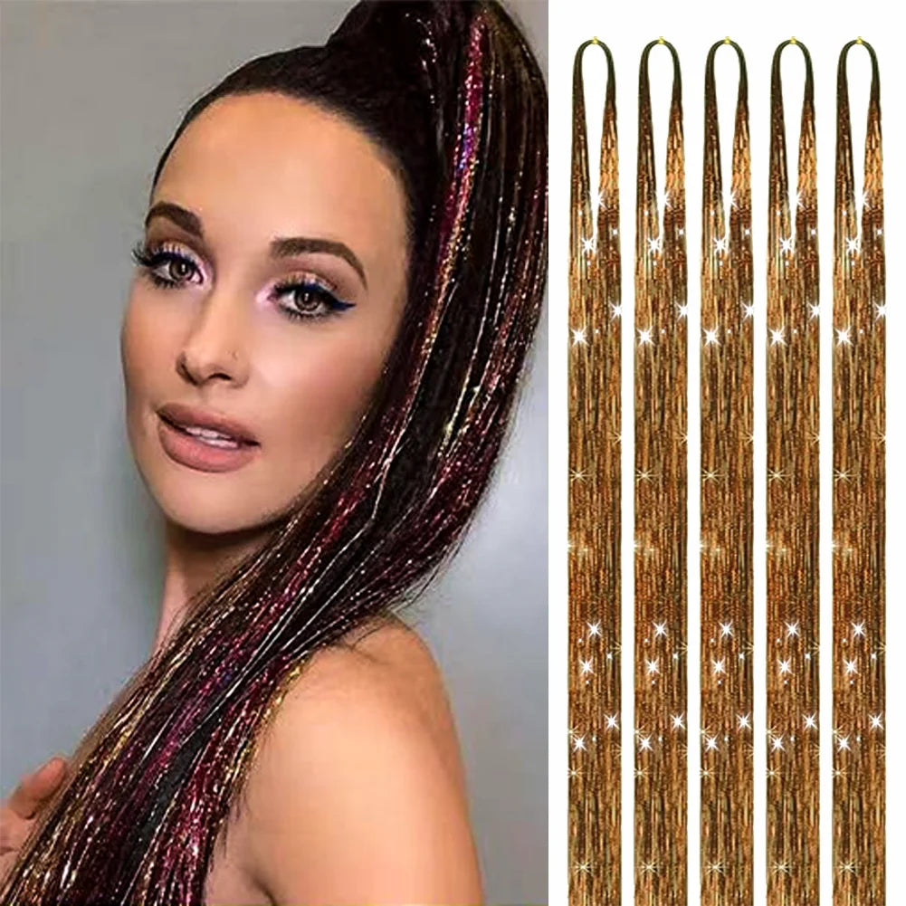 Hair Tinsel (46 Inch, 5pcs) Tinsel Hair Extensions for Girls and women Fairy Tinsel Hair Extensions Holographic  Synthetic Hair