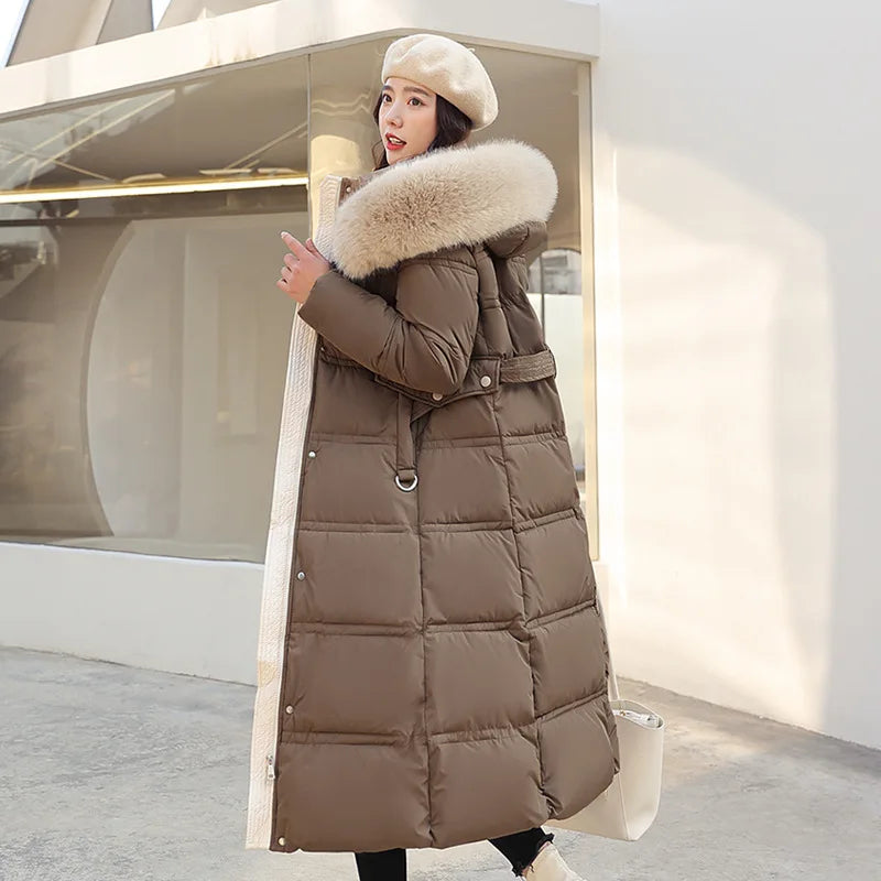 Winter 2025 New Women's Clothing Thickened Long Style Over the Knee Big Fur Collar Hooded Cotton Jacket Down Cotton Jacket Cot