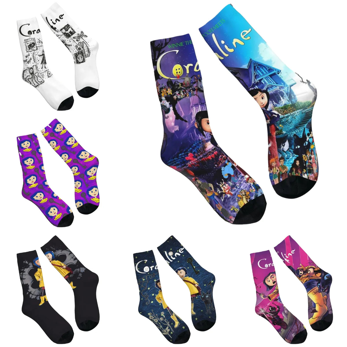 Coraline Horror Movie Stockings Design Funny Socks Autumn Non Skid Socks Couple Running Medium Soft Socks