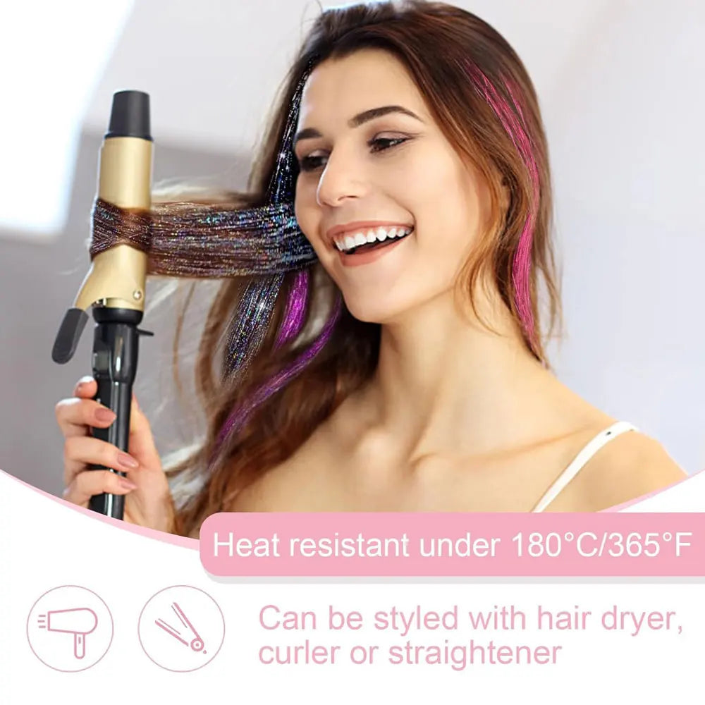 12Pcs Hair Tinsel Clip In 19.7" Glitter Tinsel Hair Extensions Synthetic Clip In Sparkle Hair Accessories For Kids Girls Women